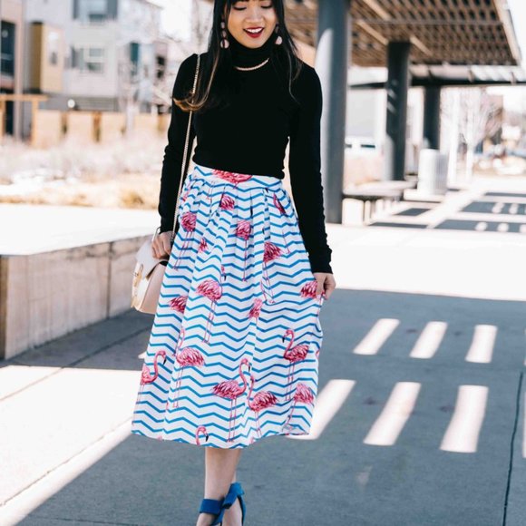 Pink Flamingo Nautical Blue White Stripe High Waisted Full Midi Skirt - Picture 4 of 16